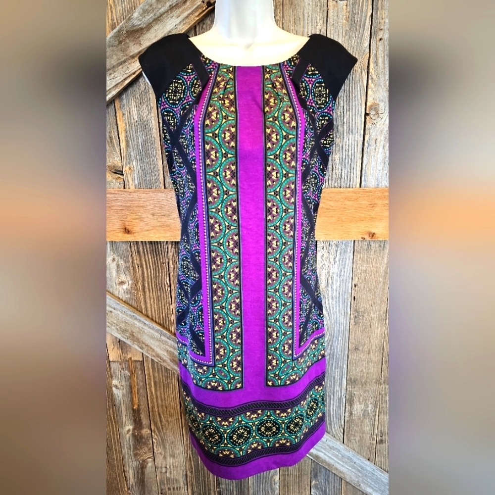 The London Style Women Black Purple Shift Dress Casual Persian Carpet M EUC ^